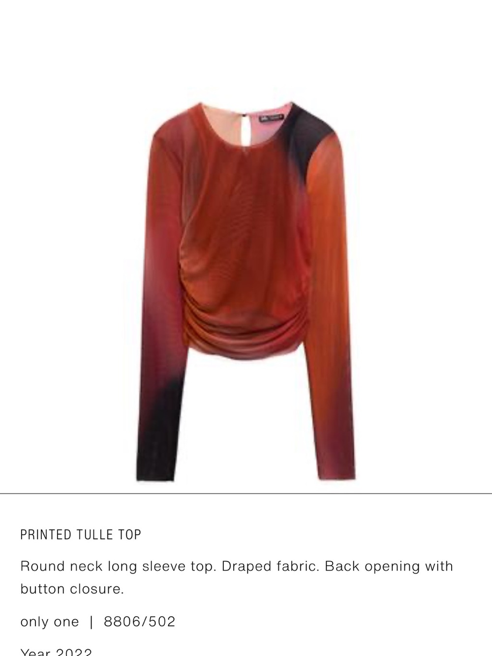 Zara Printed Tulle Long Sleeve Top - Red Orange Gradient